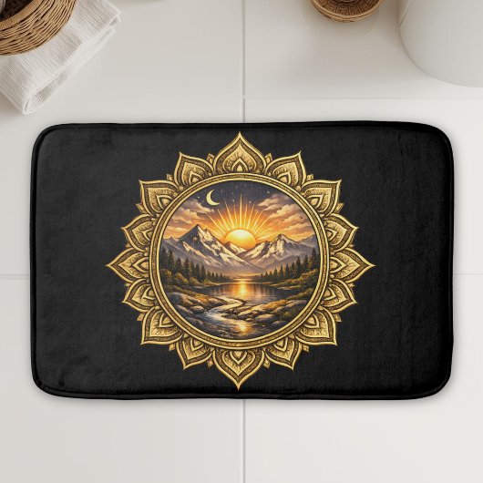 Golden Boho Mandala Mountain Sunset Art | Black Badmat