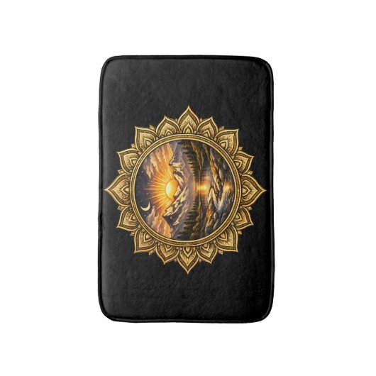 Golden Boho Mandala Mountain Sunset Art | Black Badmat (Voorkant Verticaal)