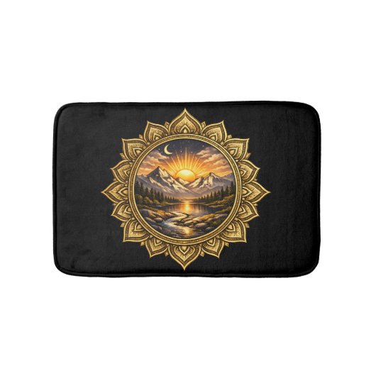 Golden Boho Mandala Mountain Sunset Art | Black Badmat (Voorkant)