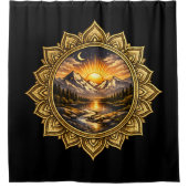 Golden Boho Mandala Mountain Sunset Art | Black Douchegordijn (Voorkant)