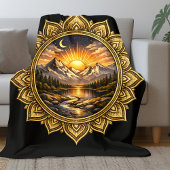 Golden Boho Mandala Mountain Sunset Art | Black Fleece Deken