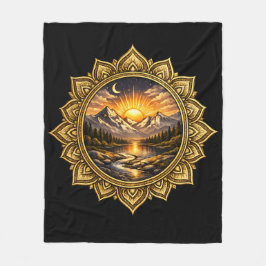 Golden Boho Mandala Mountain Sunset Art | Black Fleece Deken