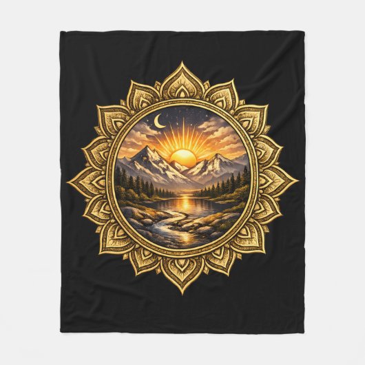 Golden Boho Mandala Mountain Sunset Art | Black Fleece Deken (Voorkant)