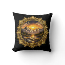 Golden Boho Mandala Mountain Sunset Art | Black