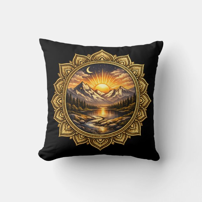 Golden Boho Mandala Mountain Sunset Art | Black Kussen (Voorkant)
