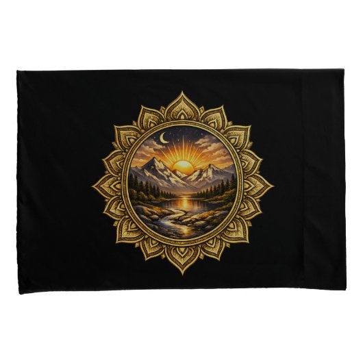 Golden Boho Mandala Mountain Sunset Art | Black Kussensloop (Voorkant-Rechts)