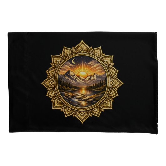 Golden Boho Mandala Mountain Sunset Art | Black Kussensloop (Voorkant)