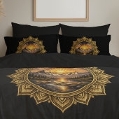Golden Boho Mandala Mountain Sunset Art | Black Kussensloop