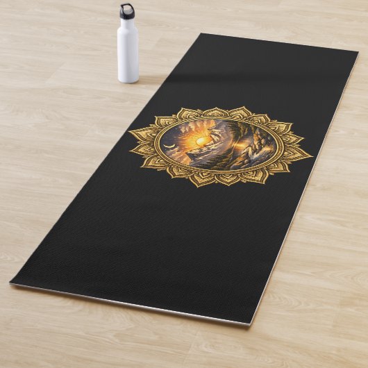 Golden Boho Mandala Mountain Sunset Art | Black Yogamat (In situ)