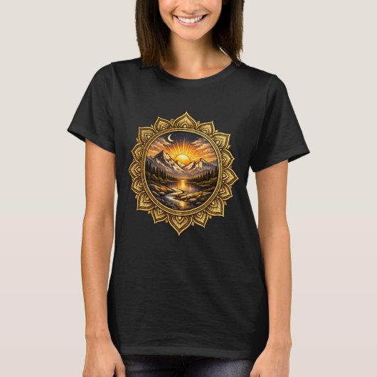 Golden Boho Mandala Mountain Sunset | Boho Sun Art T-shirt (Voorkant)