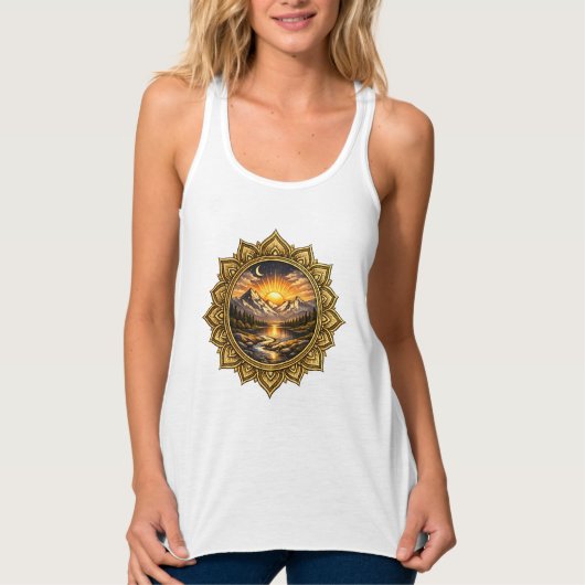 Golden Boho Mandala Mountain Sunset | Boho Sun Art Tanktop (Voorkant)