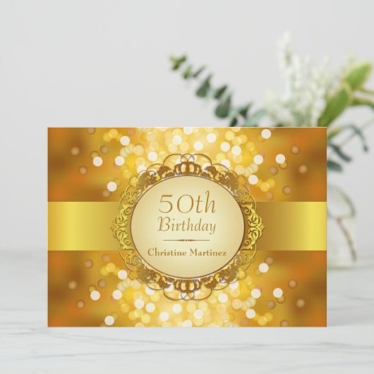 Golden Bokeh 50th Birthday Party Kaart (Staand voorkant)