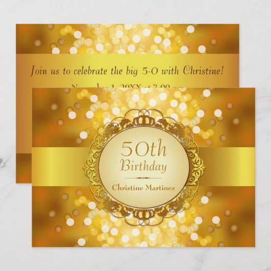 Golden Bokeh 50th Birthday Party Kaart (Voorkant / Achterkant)