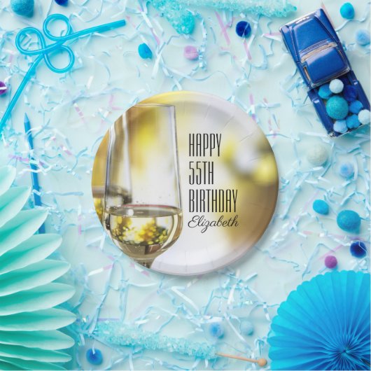 Golden Bokeh Elegant 55th Birthday Wine Glass Papieren Bordje (Feest)