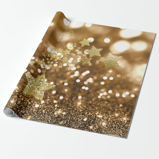 Golden Bokeh Faux Glitter & Stars Cadeaupapier (Uitgerold)