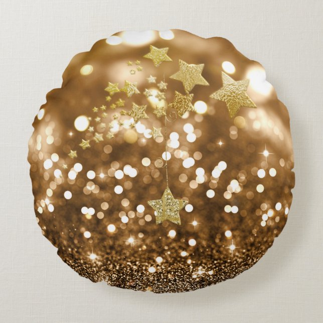 Golden Bokeh Faux Glitter & Stars Rond Kussen (Voorkant)