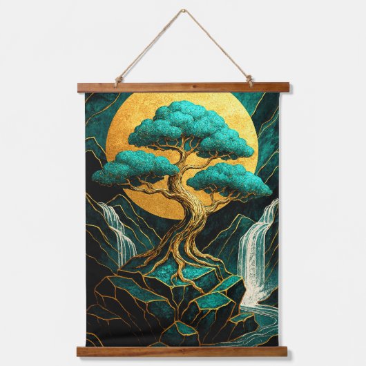 Golden Bonsai Moonlight Teal Waterfall Wall Tape Hangend Wandkleed (Voorkant)