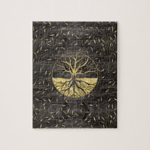 Golden boom van het leven op houten textuur legpuzzel