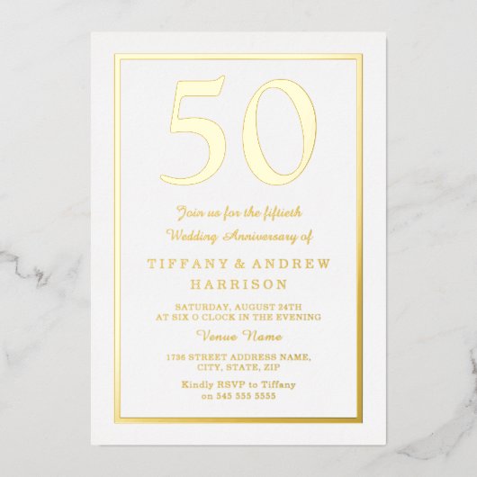 Golden Border 50th Wedding Jubileum Gold Folie Uitnodiging (Voorkant)