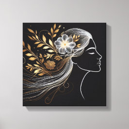 Golden Botanical Flowing Hair Line Portrait Canvas Afdruk