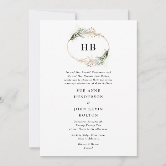 Golden Botanische Eucalyptus Wreatmonogram Groen Kaart (Voorkant)