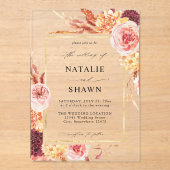 Golden Bourgogne en Blush Pink Floral Wedding Acryl Uitnodigingen (Voorkant)