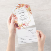 Golden Bourgogne en Blush Pink Floral Wedding All In One Uitnodiging (Afscheurbaar)