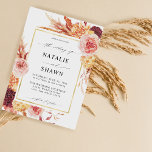 Golden Bourgogne en Blush Pink Floral Wedding Kaart<br><div class="desc">Stuur uw gasten een prachtige bruiloft uitnodiging met uw prachtige Golden Bourgondië & Blush Pink Floral bruiloft uitnodiging. Pampas Grass, Sinaasappel, Blush Pink, Golden Yellow en Wine Bourgondy Florals komen samen om deze handgeschilderde bruiloftsuitnodiging te creëer. De kleuren vertegenwoordigen een versie van het thema terracotta zonsopgang. Als uw bruiloft Boho...</div>