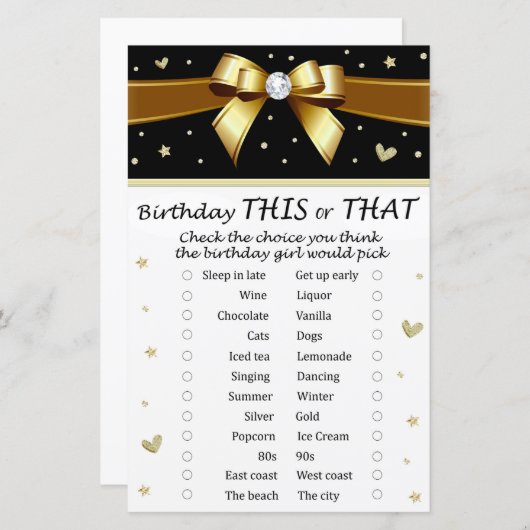 Golden bow Birthday Dit of dat spel (Voorkant / Achterkant)