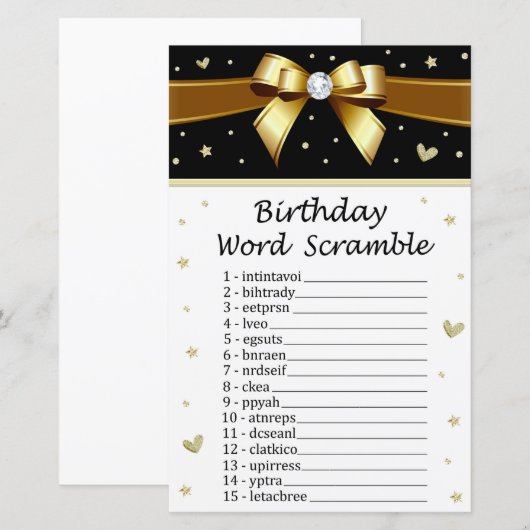 Golden bow Birthday Word Scramble Game (Voorkant / Achterkant)