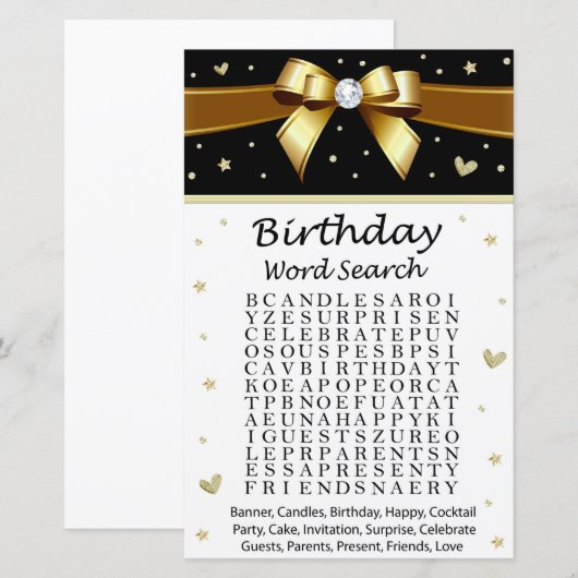 Golden bow Birthday Word Search Game (Voorkant / Achterkant)