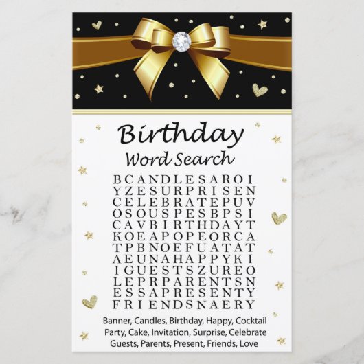 Golden bow Birthday Word Search Game (Voorkant)