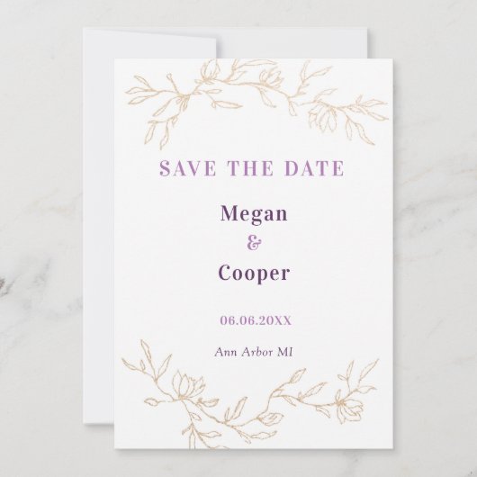 Golden Branches Wedding Design Lavander Save The Date (Voorkant)