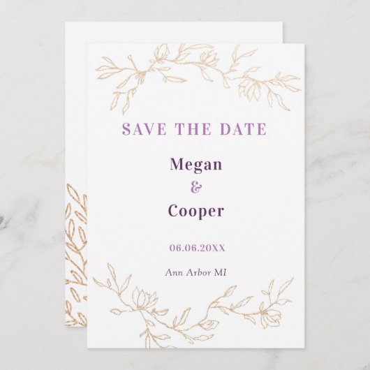 Golden Branches Wedding Design Lavander Save The Date (Voorkant / Achterkant)