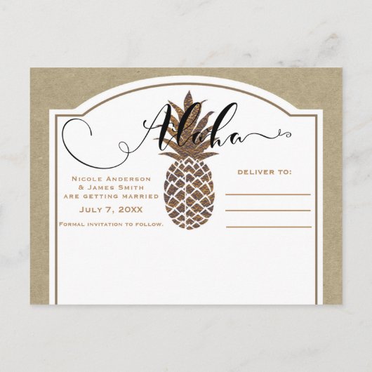 Golden Bronze Pineapple Kraft Save the Date Aankondigingskaart (Achterkant)