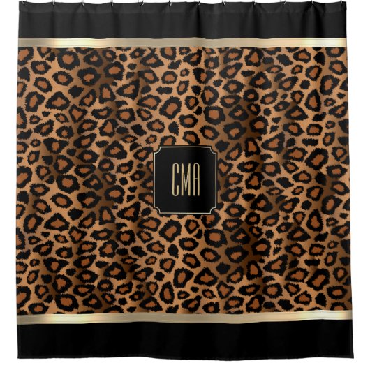Golden Brown & Black Leopard Pattern - Monogram Douchegordijn (Voorkant)