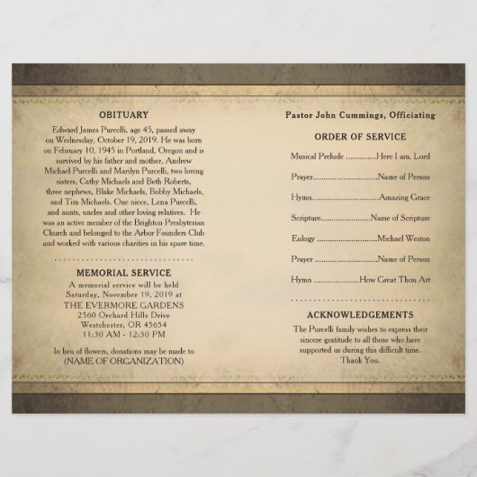 Golden Brown Funeral Memorial Service Programme (Achterkant)