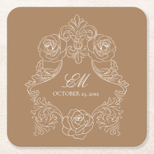 Golden Brown Monogram Crest Wedding Logo Kartonnen Onderzetters