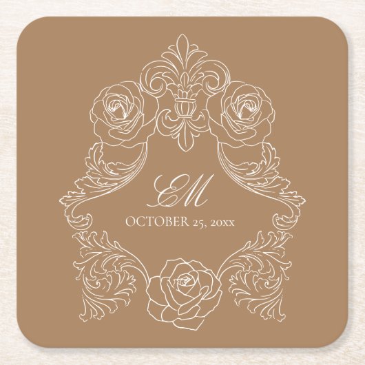 Golden Brown Monogram Crest Wedding Logo Kartonnen Onderzetters (Voorkant)