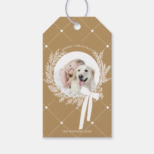 Golden Brown & White Christmas Wreath Foto Cadeaulabel (Voorkant)
