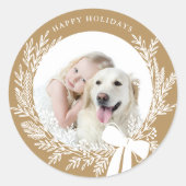 Golden Brown & White Christmas Wreath Foto Ronde Sticker (Voorkant)