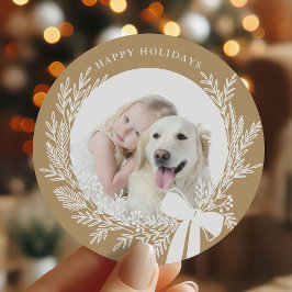 Golden Brown & White Christmas Wreath Foto Ronde Sticker