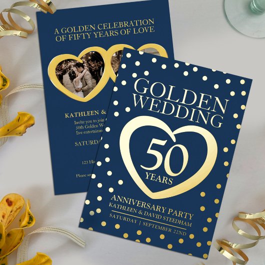Golden bruiloft 50ste feest blauw goud folie uitnodiging