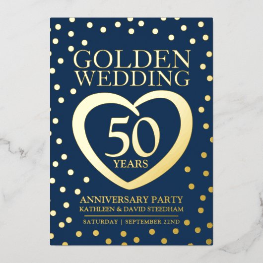 Golden bruiloft 50ste feest blauw goud folie uitnodiging (Voorkant)