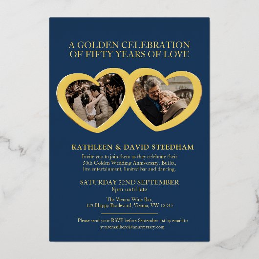 Golden bruiloft 50ste feest blauw goud folie uitnodiging (Achterkant)