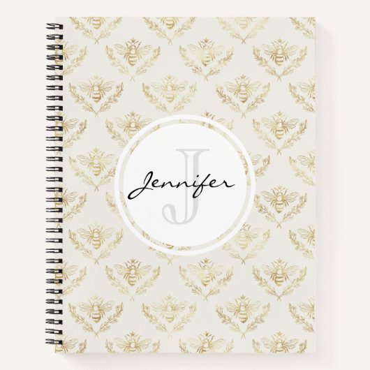 Golden Bumble Bee met kroonpatroonmonogram Notitieboek (Voorkant)