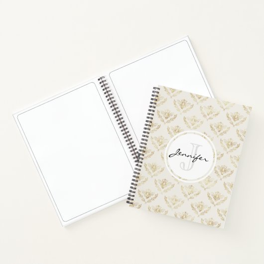 Golden Bumble Bee met kroonpatroonmonogram Notitieboek (Binnen)