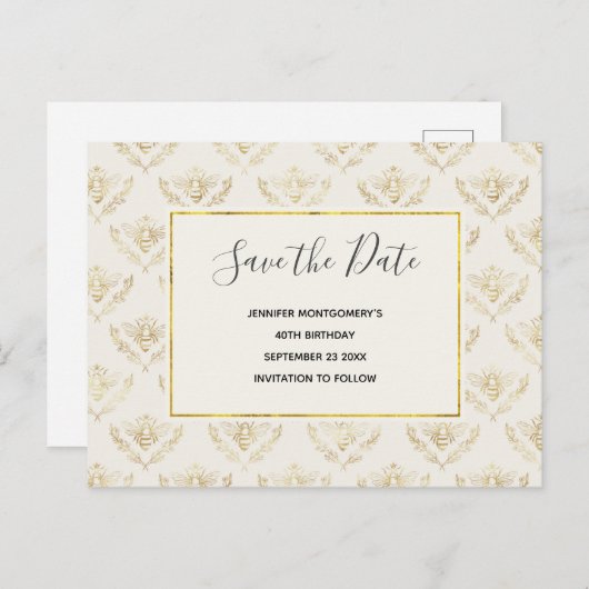 Golden Bumble Bee Pattern Save the Date Uitnodiging Briefkaart (Voorkant / Achterkant)