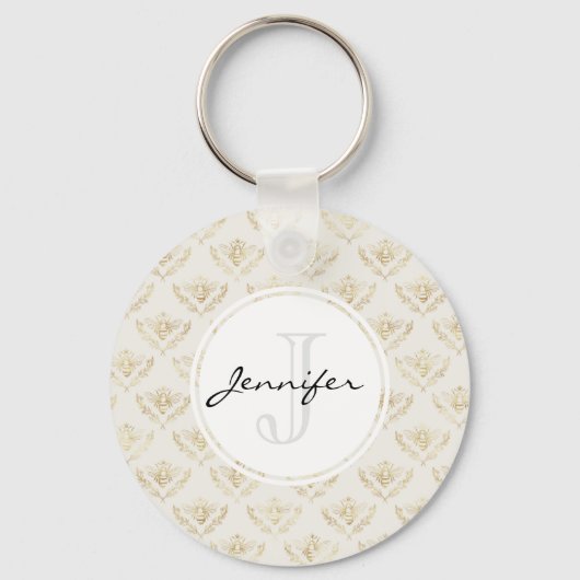 Golden Bumble Bee with a Crown Pattern Monogram Sleutelhanger (Voorkant)