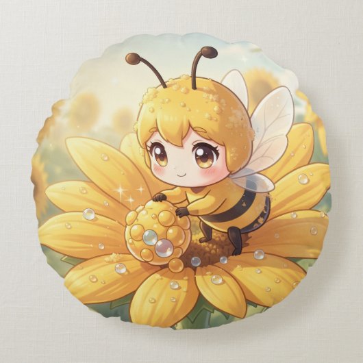Golden Bumblebee in Bloom Dance.1 Rond Kussen (Voorkant)